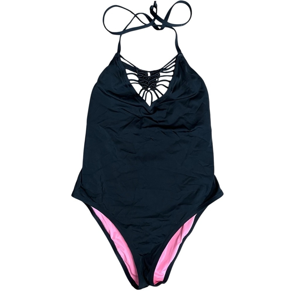 Victorias Secret PINK Black Halter Swimsuit with Pink Accents Sz L